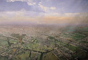 Vista general de París desde un globo aerostático, 1855 (detalle) de Victor Navlet